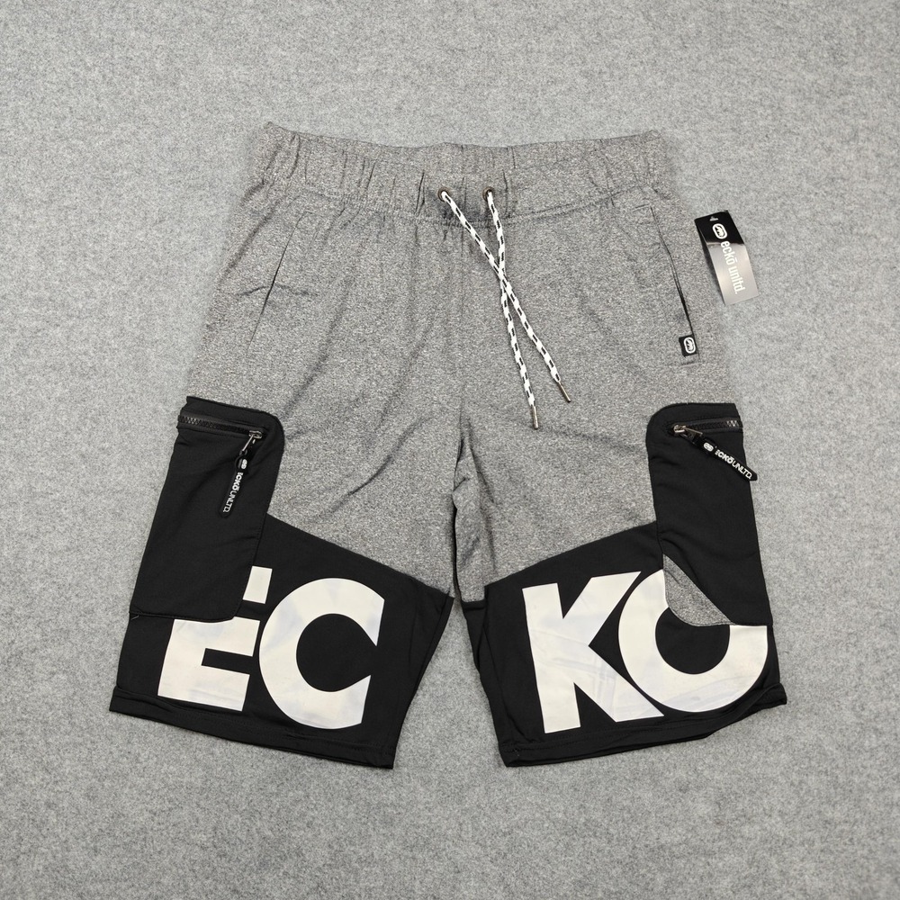 Ecko Unltd Shorts Mens Medium Grey Marled Colorblock Athletic Zip Pockets Gym‎